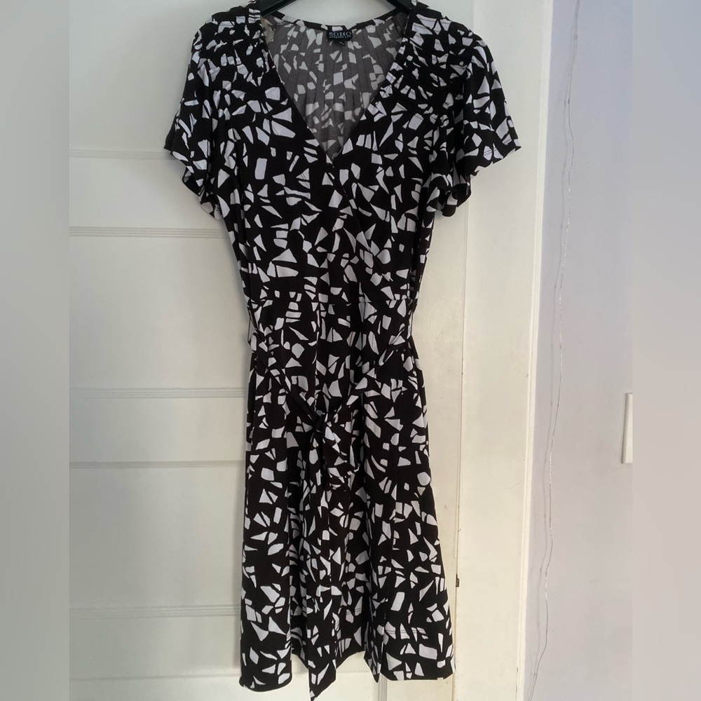 Soho Apparel Brown and White faux wrap Dress